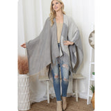 Casual to Classy Gray Striped Color Block Fringe Trim Kimono-Open Front Shawl-Wrap