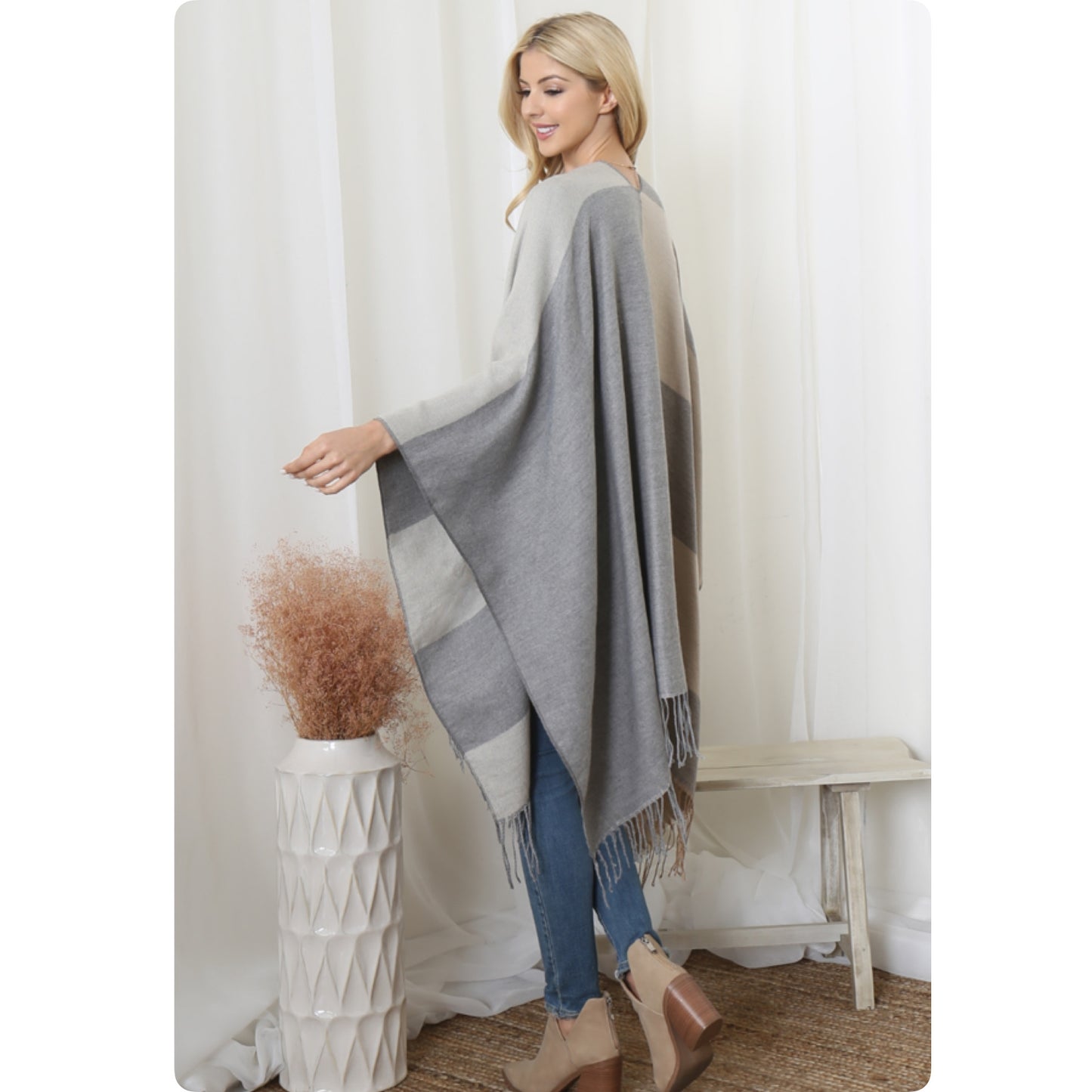 Casual to Classy Gray Striped Color Block Fringe Trim Kimono-Open Front Shawl-Wrap