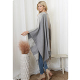 Casual to Classy Gray Striped Color Block Fringe Trim Kimono-Open Front Shawl-Wrap