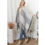 Casual to Classy Gray Striped Color Block Fringe Trim Kimono-Open Front Shawl-Wrap