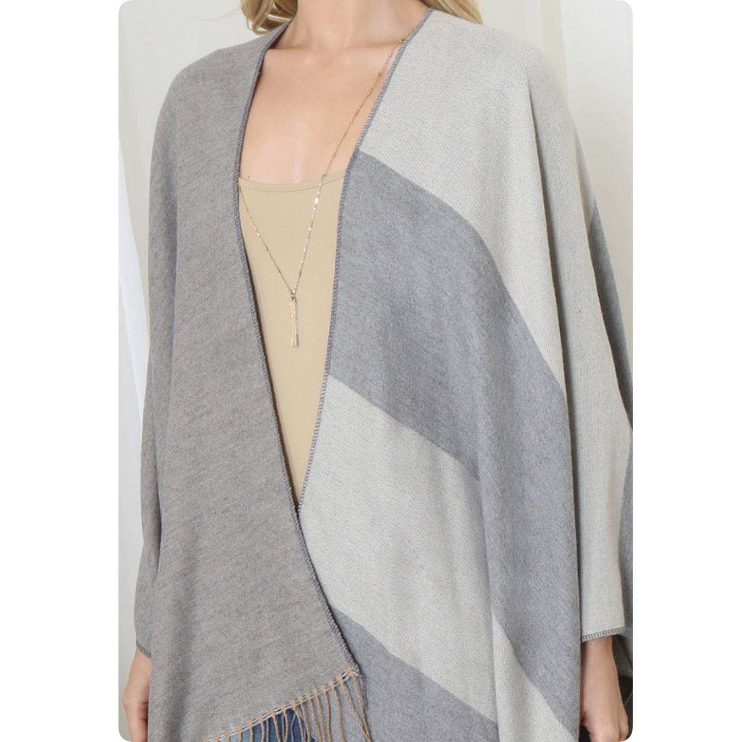 Casual to Classy Gray Striped Color Block Fringe Trim Kimono-Open Front Shawl-Wrap