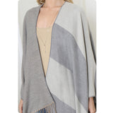 Casual to Classy Gray Striped Color Block Fringe Trim Kimono-Open Front Shawl-Wrap
