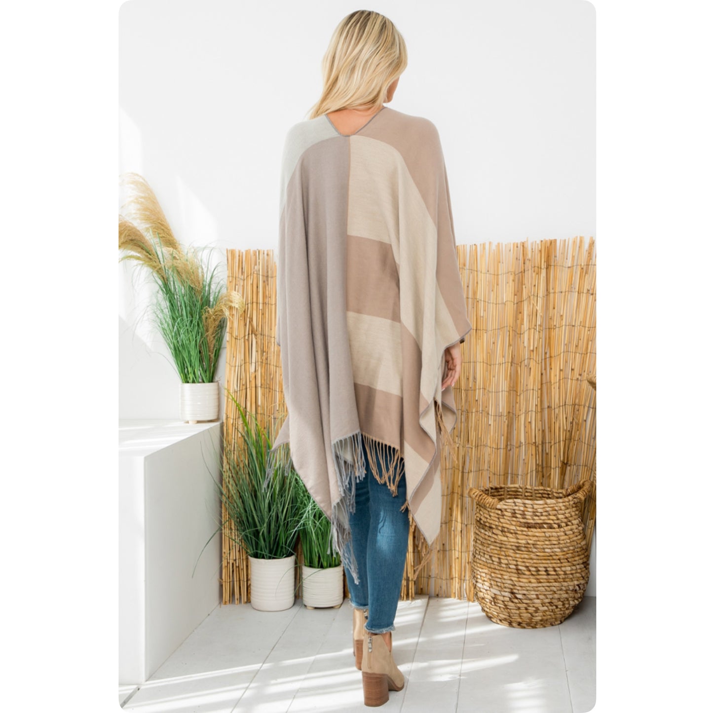 Casual to Classy Beige Mocha Striped Color Block Fringe Trim Kimono-Open Front Shawl-Wrap