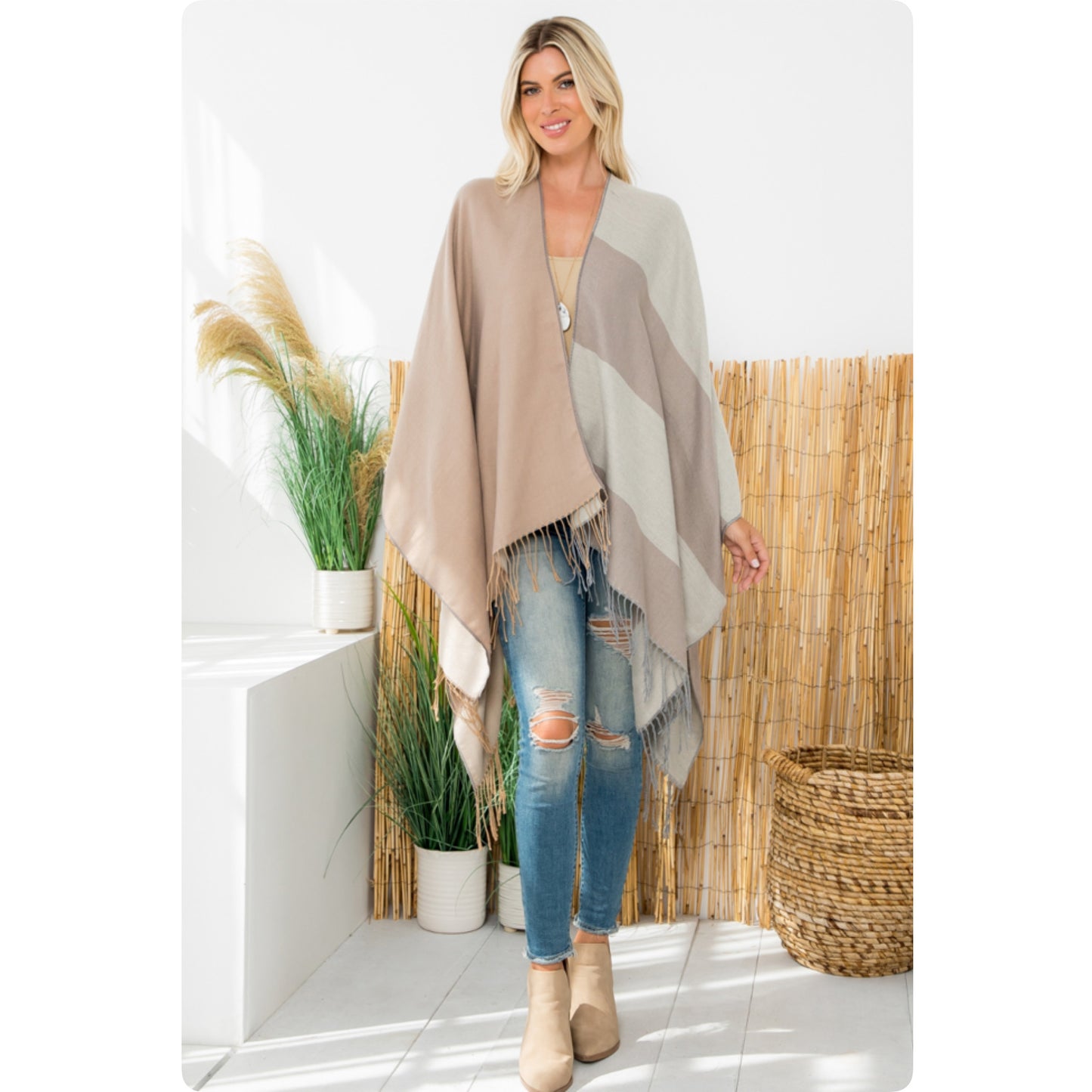 Casual to Classy Beige Mocha Striped Color Block Fringe Trim Kimono-Open Front Shawl-Wrap