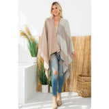 Casual to Classy Beige Mocha Striped Color Block Fringe Trim Kimono-Open Front Shawl-Wrap