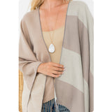 Casual to Classy Beige Mocha Striped Color Block Fringe Trim Kimono-Open Front Shawl-Wrap
