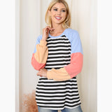 Cozy Striped Color Block Baby Blue-Black-Melon Raglan Sweater Top