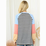 Cozy Striped Color Block Baby Blue-Black-Melon Raglan Sweater Top