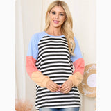 Cozy Striped Color Block Baby Blue-Black-Melon Raglan Sweater Top