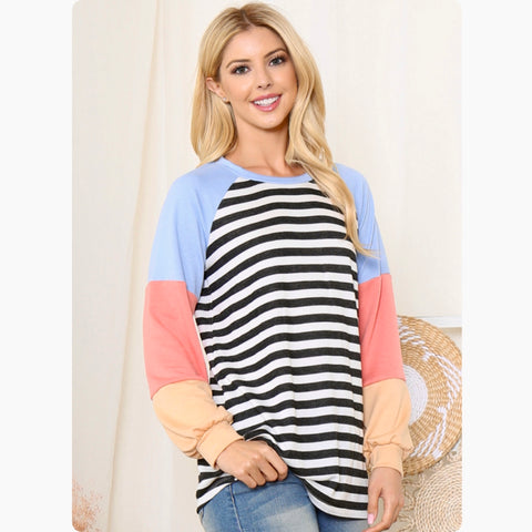Cozy Striped Color Block Baby Blue-Black-Melon Raglan Sweater Top