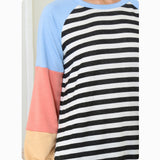 Cozy Striped Color Block Baby Blue-Black-Melon Raglan Sweater Top