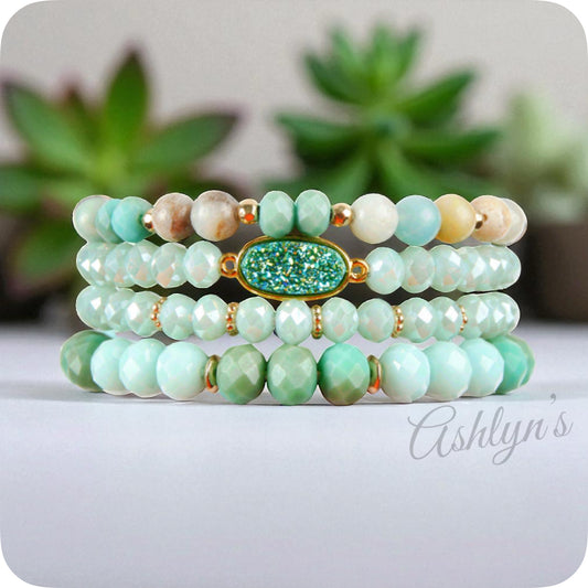 Casually Classy 4pc Mint Druzy and Natural Stone Mix Stretch Stackable Bracelet Set-Accessories