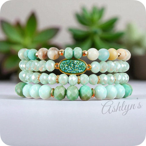 Casually Classy 4pc Mint Druzy and Natural Stone Mix Stretch Stackable Bracelet Set-Accessories