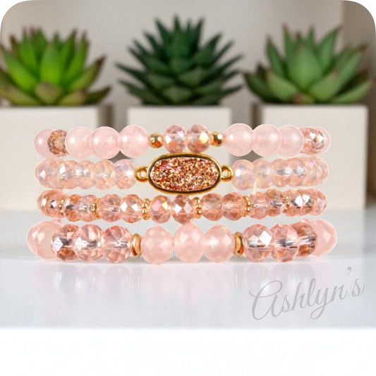 Casually Classy 4pc Pink Druzy and Natural Stone Mix Stretch Stackable Bracelet Set-Accessories