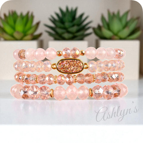 Casually Classy 4pc Pink Druzy and Natural Stone Mix Stretch Stackable Bracelet Set-Accessories