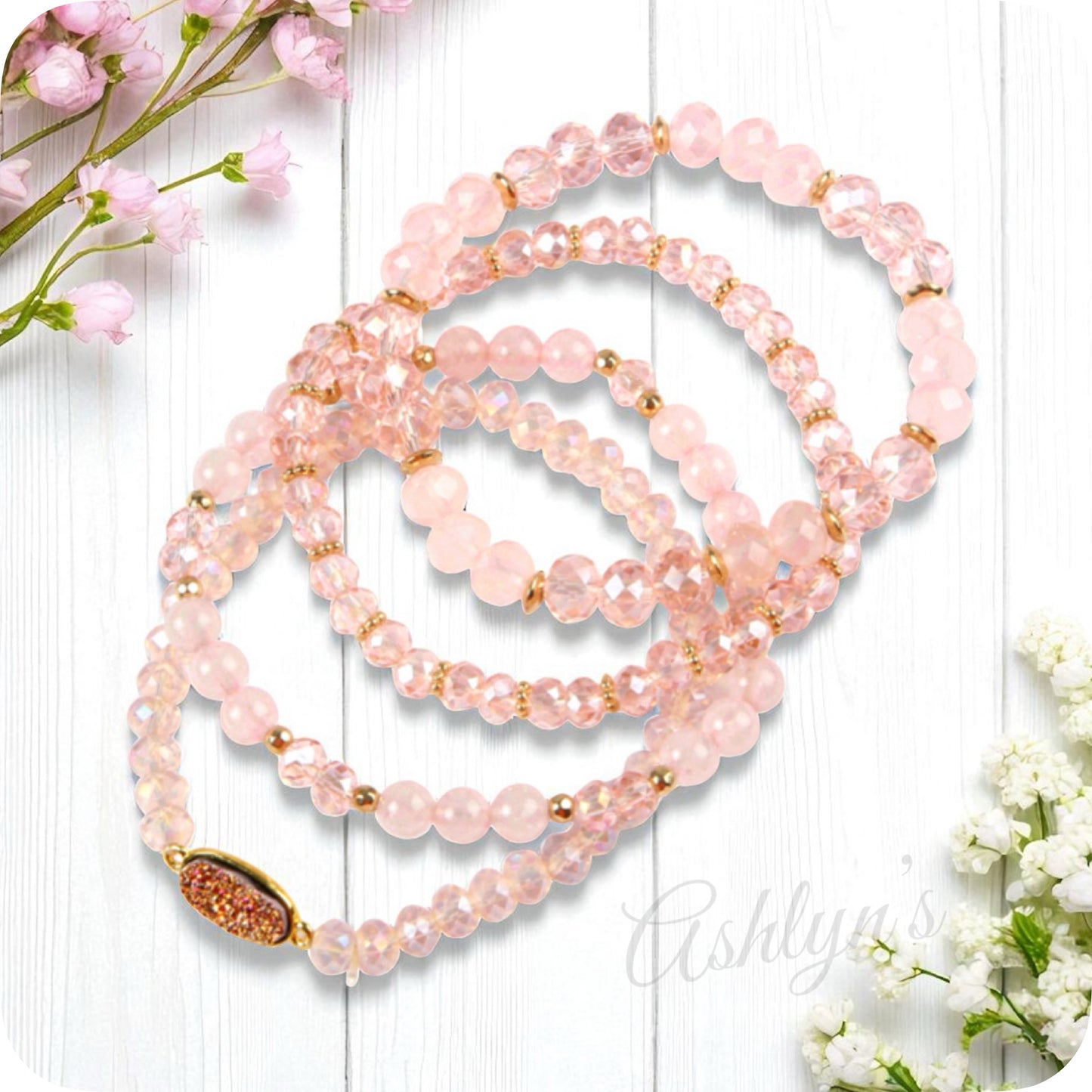 Casually Classy 4pc Pink Druzy and Natural Stone Mix Stretch Stackable Bracelet Set-Accessories
