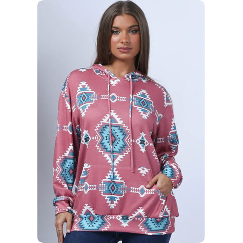 Ashlyn’s Mauve Turquoise Aztec Print Ultra Soft Hoodie-Pullover