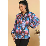 Aztec Color Block Blue Pink Hacci Henley Hoodie