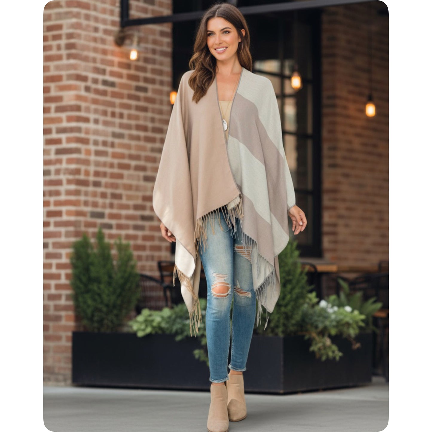 Casual to Classy Beige Mocha Striped Color Block Fringe Trim Kimono-Open Front Shawl-Wrap