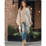 Casual to Classy Beige Mocha Striped Color Block Fringe Trim Kimono-Open Front Shawl-Wrap