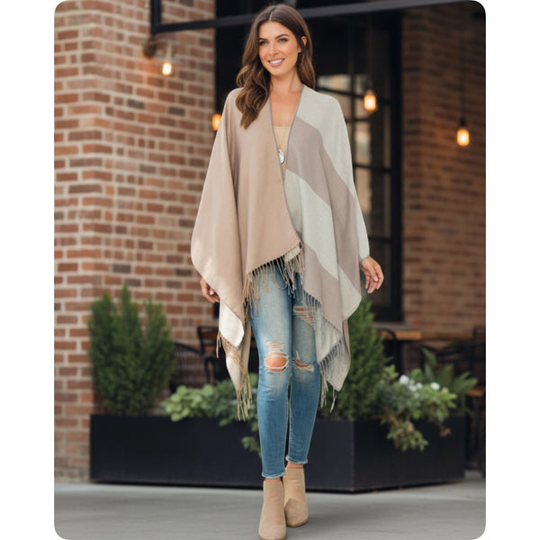 Casual to Classy Beige Mocha Striped Color Block Fringe Trim Kimono-Open Front Shawl-Wrap