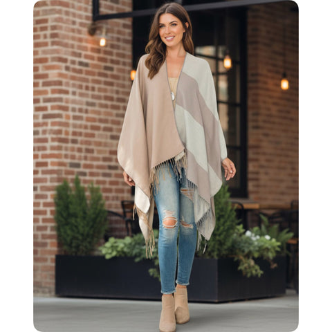 Casual to Classy Beige Mocha Striped Color Block Fringe Trim Kimono-Open Front Shawl-Wrap