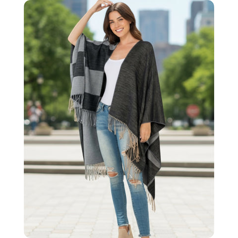 Casual to Classy Black Gray Striped Color Block Fringe Trim Kimono-Open Front Shawl-Wrap