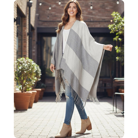 Casual to Classy Gray Striped Color Block Fringe Trim Kimono-Open Front Shawl-Wrap