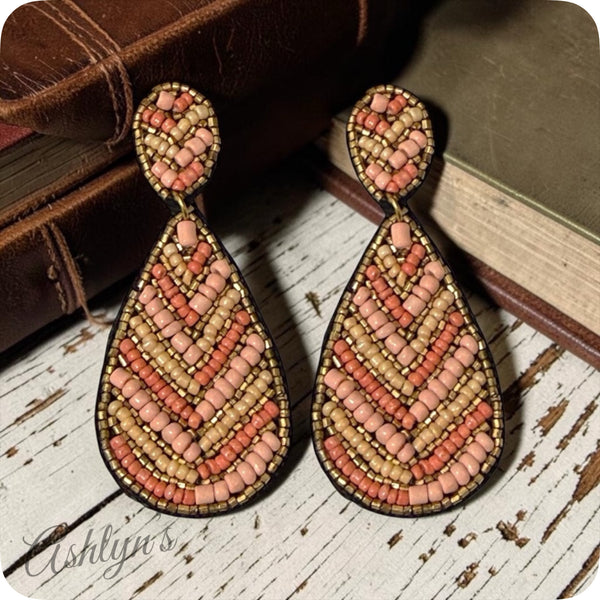 Peach Beige Seed Bead Teardrop Earrings