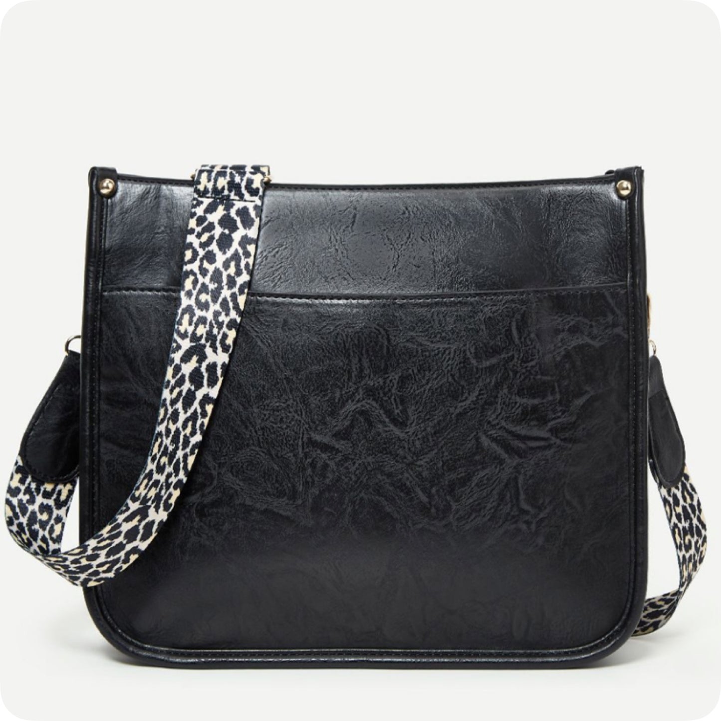 Black Leather Cross Body Bag with Leopard Strap-Satchel-Purse