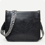 Black Leather Cross Body Bag with Leopard Strap-Satchel-Purse