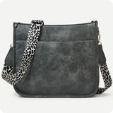Gray Leather Cross Body Bag with Leopard Strap-Satchel-Purse
