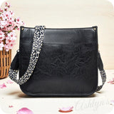 Black Leather Cross Body Bag with Leopard Strap-Satchel-Purse