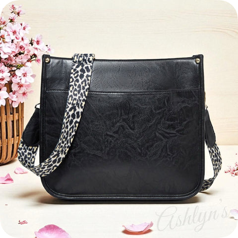 Black Leather Cross Body Bag with Leopard Strap-Satchel-Purse