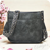 Gray Leather Cross Body Bag with Leopard Strap-Satchel-Purse