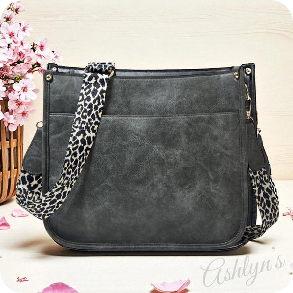 Gray Leather Cross Body Bag with Leopard Strap-Satchel-Purse