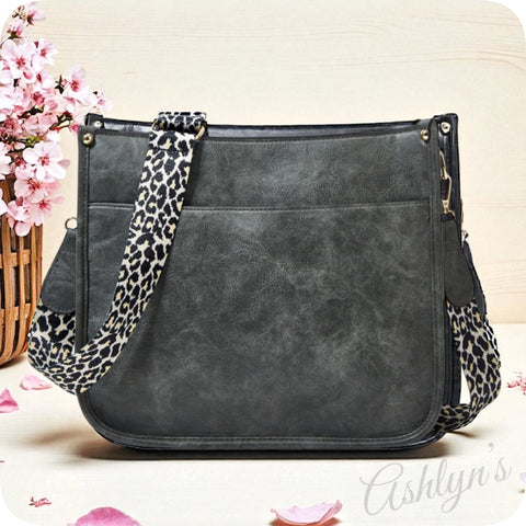 Gray Leather Cross Body Bag with Leopard Strap-Satchel-Purse