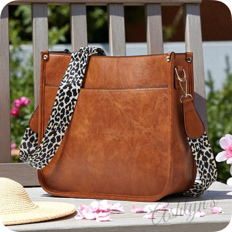 Tan Leather Cross Body Bag with Leopard Strap-Satchel-Purse