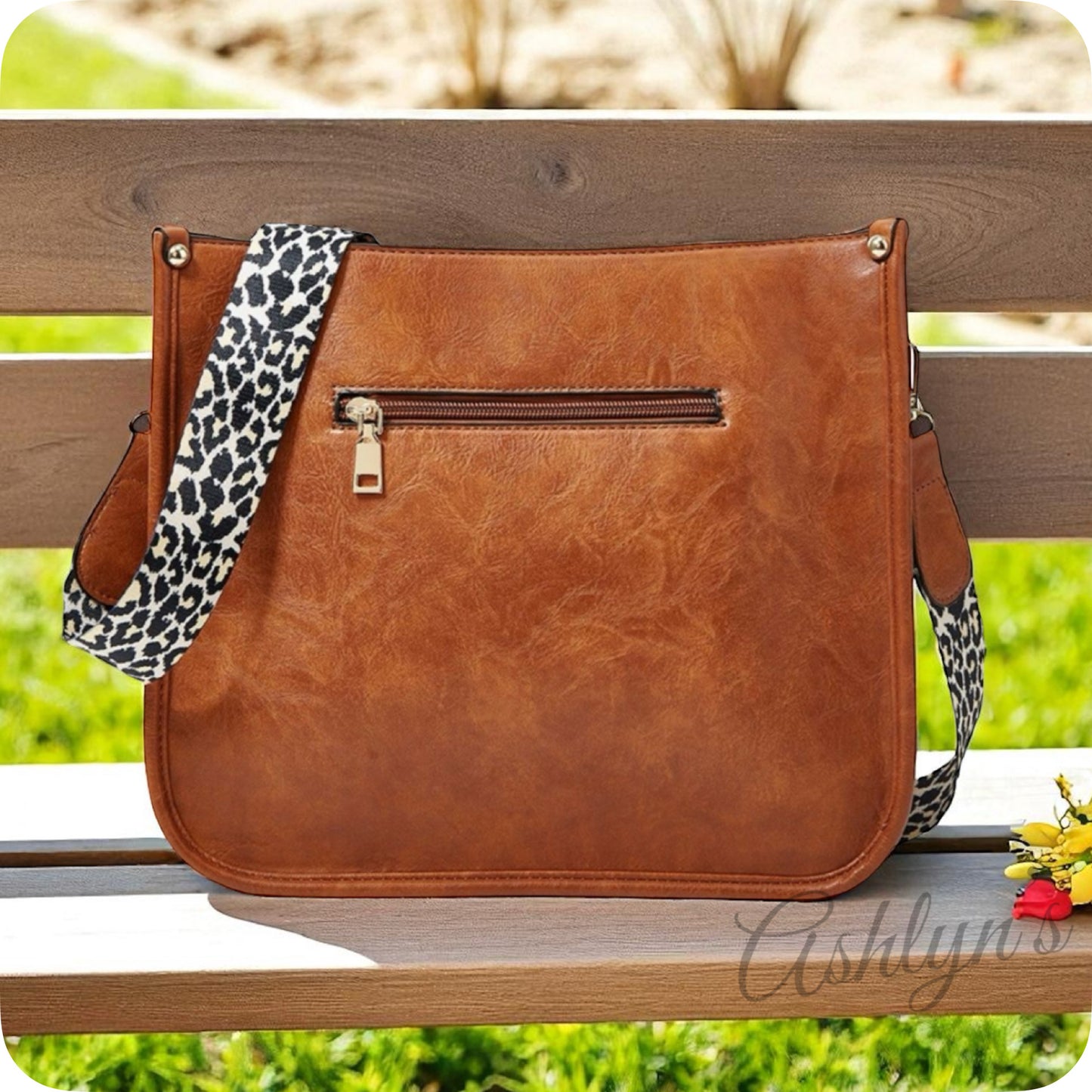 Tan Leather Cross Body Bag with Leopard Strap-Satchel-Purse