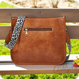Tan Leather Cross Body Bag with Leopard Strap-Satchel-Purse