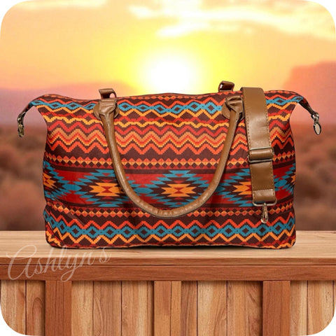 XL Brick Turquoise Aztec Weekender Tote Bag-Shoulder Bag-Purse