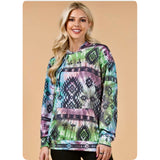 Fall Approved Purple/Green Aztec Print French Terry Kangaroo Pocket Hoodie-Hooded Sweater Top