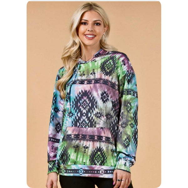 Fall Approved Purple/Green Aztec Print French Terry Kangaroo Pocket Hoodie-Hooded Sweater Top