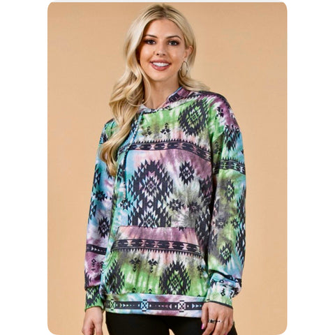 Fall Approved Purple/Green Aztec Print French Terry Kangaroo Pocket Hoodie-Hooded Sweater Top