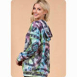 Fall Approved Purple/Green Aztec Print French Terry Kangaroo Pocket Hoodie-Hooded Sweater Top