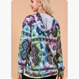 Fall Approved Purple/Green Aztec Print French Terry Kangaroo Pocket Hoodie-Hooded Sweater Top