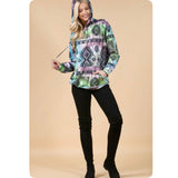 Fall Approved Purple/Green Aztec Print French Terry Kangaroo Pocket Hoodie-Hooded Sweater Top