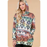 Fall Approved Rust/Hunter Green Aztec Print French Terry Kangaroo Pocket Hoodie-Hooded Sweater Top