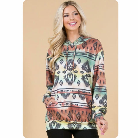 Fall Approved Rust/Hunter Green Aztec Print French Terry Kangaroo Pocket Hoodie-Hooded Sweater Top