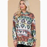Fall Approved Rust/Hunter Green Aztec Print French Terry Kangaroo Pocket Hoodie-Hooded Sweater Top